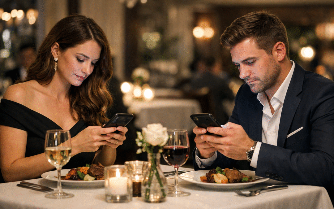 DALL·E generation metadata; Image generated with AI.; disengaged couple; social media; relationship